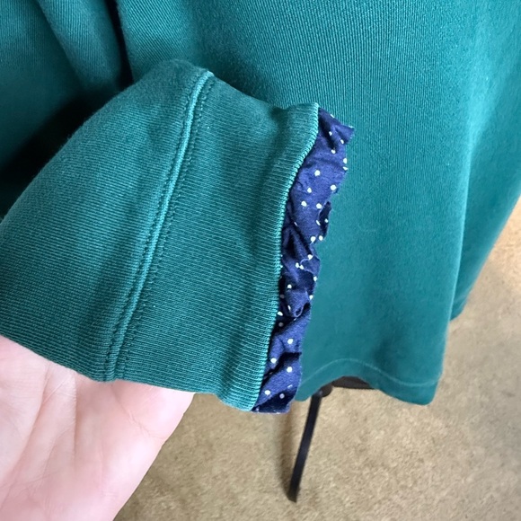 J. Crew 100% Cotton Green crewneck sweatshirt blue polka dot ruffle preppy XL EC - Picture 3 of 10